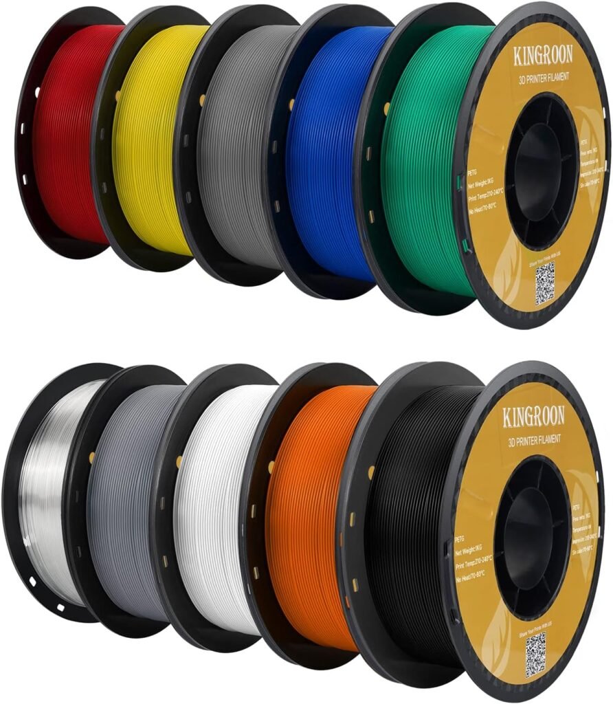 Kingroon PETG 3D Printer Filament, 10 Rolls, Dimensional Accuracy +/- 0.03 mm, 1kg Spool(2.2lbs), 1.75 mm，10KG Ten Colors Black White Grey Red Blue Green Yellow Orange Transparent Silver