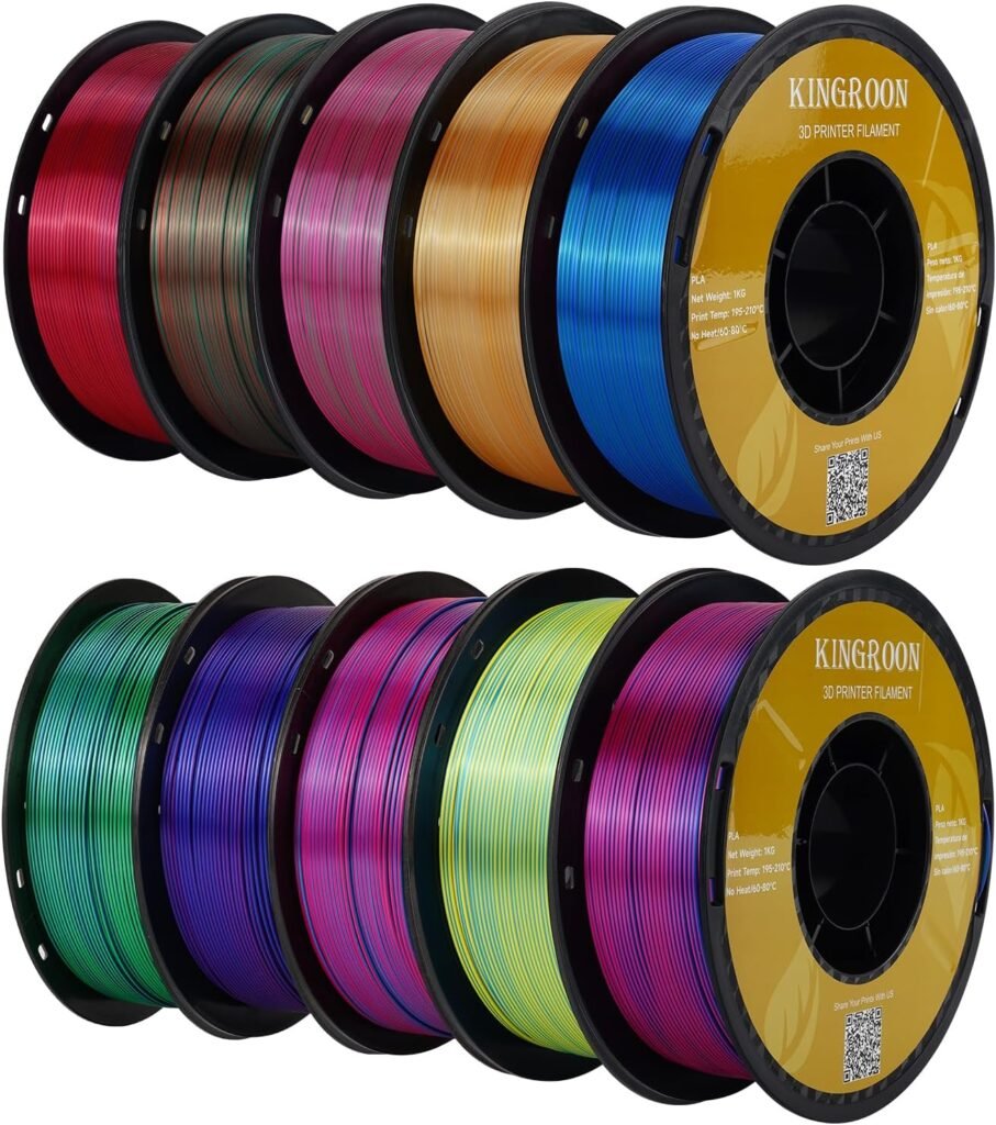 Kingroon PLA Filament, Triple Color Silk PLA Filament 10 Rolls, 10kg Spool(22lbs), 1.75 mm, Dimensional Accuracy +/- 0.03 mm, 10 Different Triple Colors